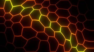 Background with pattern of neon hexagons. Motion. Neon lines in moving distorted hexagon pattern. Hexagonal cells move in curved space on black background video