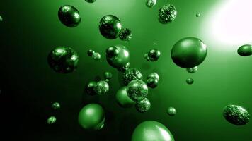 Green and purple background. Design. Small different bubbles with drawings inside rotate in a circle in animation. video