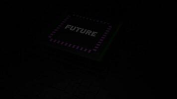 Futuristic chip with moving neon energy lines. Design. Chip with word future starts computer. New futuristic computer-style board with neon lines video