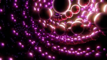 Dynamic colorful pattern of 3D swirl of small glowing spheres. Design. Rotating tornado of purple balls. video