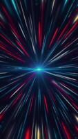 Abstract magnetic light blue core surrounded by colorful red, blue, yellow rays on black background, seamless loop. Animation. Rotating pulsating short stripes around a blue point. video