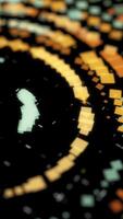 Abstract golden squares placed in many circles one inside another on black background, seamless loop. Animation. Beautiful bended rows of shimmering squares. video