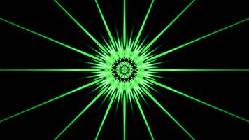 Kaleidoscopic pattern with flashing rays. Motion. Round pattern in center with flashing bright rays on black background. Animated pattern with circles and long flashing ray video