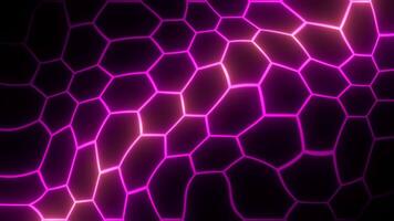 Liquid pattern of neon hexagons. Motion. Neon lines in moving pattern of hexagons in distorted space. Neon hexagons move like liquid distorted texture video