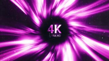 Wormhole through time and space, warp through science fiction. Motion. Abstract jump in space in hyperspace among bright glowing rays with the inscription 4K ultra hd. video