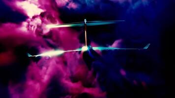 Plane flying through the storm surreal clouds. Design. Abstract flight in the sky during storm. video