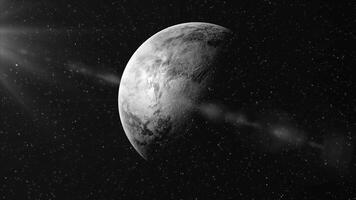 Rotating cold planet in space. Motion. 3D planet rotates on background of space and flow of particles. Planet rotates with stream of bright particles and beam of light in dark space video