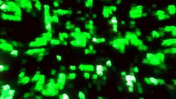 Dark background with green blue squares without focus. Motion. Light particles moving in different directions in 3d format. video
