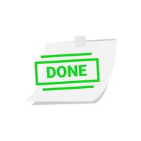 Illustration of a sticky reminder note with a bold DONE stamp, symbolizing task completion or achievement. for productivity, work management, or to do list applications, finished tasks, goals vector
