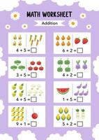 Math addition Worksheet educational how many activities for children on purple background. Preschool printable worksheet activity, count and write the result. First grade worksheets. vector