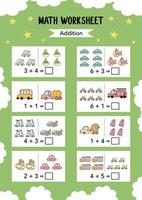 Math addition Worksheet educational how many activities for children on green background. Learning addition, subtraction. Preschool printable worksheet activity, count and write the result. vector