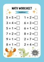 Math addition Worksheet educational how many activities for children on blue background. Preschool printable worksheet activity, count and write the result. First grade worksheets. vector