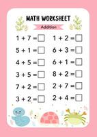 Math addition Worksheet education activities for children on pink background. Learning addition, subtraction. Preschool printable worksheet activity, count and write the result. vector