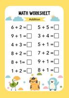 Math addition Worksheet educational how many activities for children on yellow background. Learning addition, subtraction. Preschool printable worksheet activity, count and write the result. vector