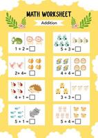 Math addition Worksheet educational how many activities for children on yellow background. Learning addition, subtraction. Preschool printable worksheet activity, count and write the result. vector