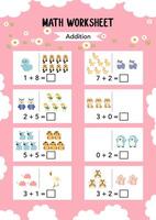 Math addition Worksheet education activities for children on pink background. Learning addition, subtraction. Preschool printable worksheet activity, count and write the result. vector