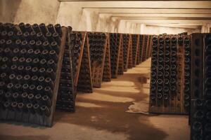 Sparkling wine glass bottles in winery photo