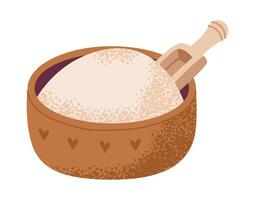 Cup with flour and spatula isolated on white background. Baking ingredient. Flat illustration vector
