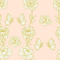 Hand Drawn Peony and Butterfly Seamless Pattern vector