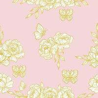 Hand Drawn Peony and Butterfly Seamless Pattern vector
