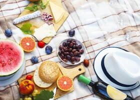 Top view summer garden picnic. Summer party photo