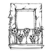 Mexican Mediterranean Moroccan window frame, iron cast rail, house plants architectural exterior. Hand drawn ink illustration. Single element isolated on white. Design travel, vacation brochure vector