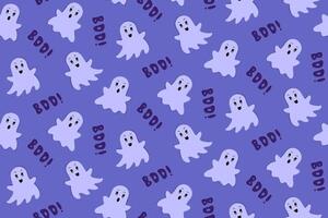 Halloween Cute Ghosts Flying out of a TV. Seamless Pattern. Boo Text. Flat Cartoon style. Blue and Violet Background. Halloween Swatch for wrapping paper, wallpaper or fabric vector