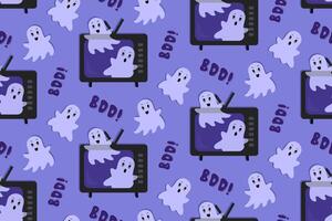 Cute Ghosts Flying out of a TV. Halloween Seamless Pattern. Boo Text. Flat Cartoon style. Blue and Violet Background. Halloween Swatch for wrapping paper, wallpaper or fabric vector