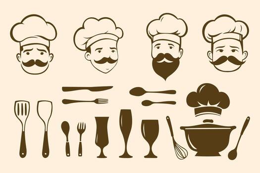 Set of chef's hats and utensils illustration vector