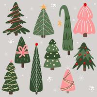 Christmas and New Year noel trees set with minimal decorations, stars, balls, bows, garlands and snowflakes. vector