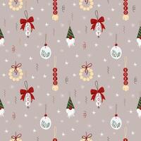 Christmas, New Year DIY decorations with beads, bell, bow, gnome, noel tree branches, snowflakes, hand drawn craft seamless pattern. vector