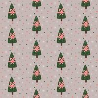 Christmas noel tree with bow and snowflakes hand drawn craft seamless pattern. vector