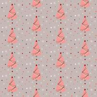 Unusual pink Christmas noel tree with garland, balls and snowflakes hand drawn craft seamless pattern. vector