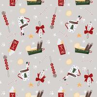 Christmas, New Year cups with warm drinks and diy decorations, candy sticks, snowflakes, stars, hand drawn craft seamless pattern. vector