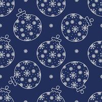 Christmas pattern with white doodle balls with snowflakes on a dark blue background vector