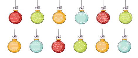 Set of colored balls with patterns for Christmas tree. Hand-drawn doodles. vector