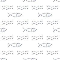 Pattern with fish and doodle waves, endless simple texture on transparent background vector