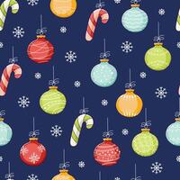 Christmas pattern with colored balls and candy canes, cables, snowflakes on a dark blue background. vector