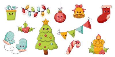 Christmas Collection Of Kawaii Characters Hand-Drawn Doodle Style Cute Characters For The Holiday vector