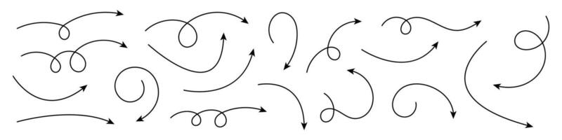 Collection of curved arrows. Set simple curved hand drawn arrows. vector