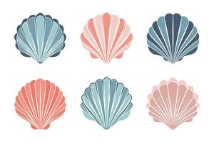 Set of scallop shell logos. Collection of isolated colored scallop silhouettes on white background. Illustration vector