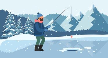 Fisherman with a fishing rod on the background of a winter landscape. Hobby concept. Illustration vector