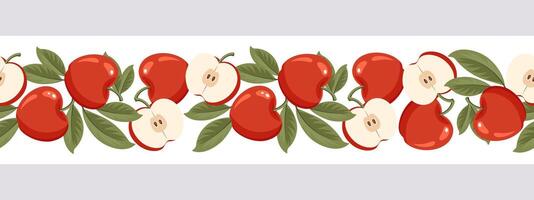 Seamless border with apples. Horizontal ornament with apple fruits with leaves. Illustration vector
