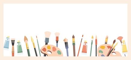 Banner with art supplies. Horizontal advertising background with brushes, paints and artists palette. Creative accessories for hobby. Illustration vector