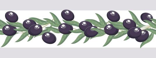 Seamless border with black olives. Horizontal ornament with olive fruits on a branch. Illustration vector