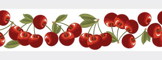 Seamless border with cherries. Horizontal ornament with cherry fruits on branches with leaves. Illustration vector