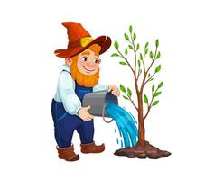 Gnome dwarf farmer character watering garden tree vector