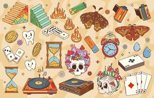 Cartoon retro groovy elements and symbols vector