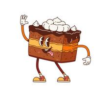 Retro groovy chocolate cake character waving hand vector