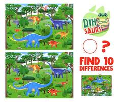 Find ten differences game with cartoon dinosaurs vector
